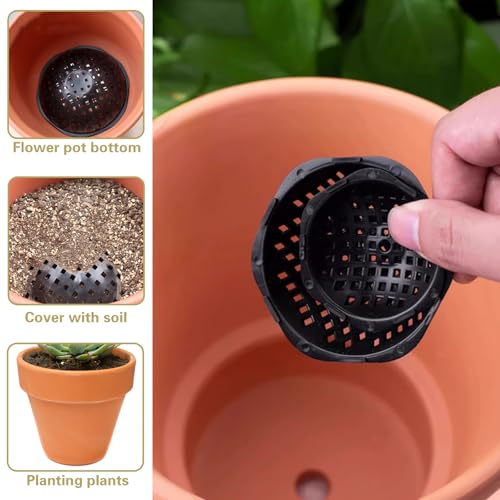 30 PCS Flower Pot Hole Mesh Pad, 3 Assorted Sizes Semi-Arc Plastic Planter Bottom Drainage Mats for Bonsai Plant, Succulents, Potting, Breathable Gasket Prevent Clogging and Soil Loss, Black
