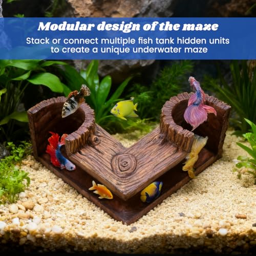 Aquarium Cave, Natural-Looking Wood-Like Fish Tank Cave for Corners, 5.1” x 2” x 2.6” Tunnel Cave & Hideout for Aquarium Guppy, Corydoras Catfish, Bettas Hide