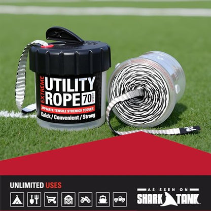 Rapid Rope Canister, 70ft White Tactical Paracord, 1100lb Test, USA Made | Heavy Duty Poly Rope Test Cord, Non-Tangle Dispenser Included, For Hiking, Camping, Survival, Utility, Stocking Stuffer, Gift - size: 70ft, style: White