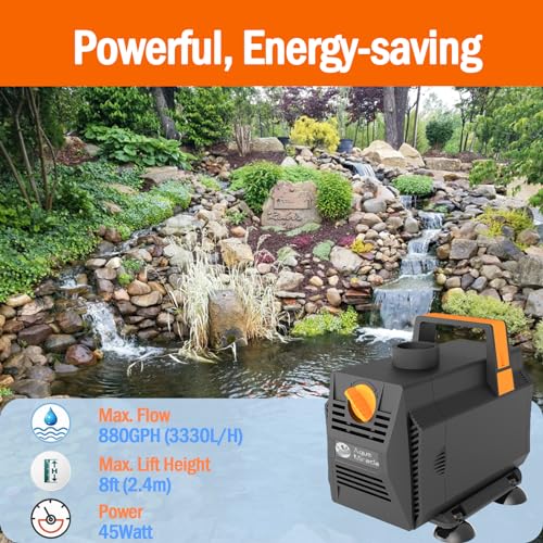 AquaMiracle 880GPH Aquarium Water Pumps (3330L/H, 45W) Fountain Pump Pond Pump Submersible Water Pump with Flow Control for Fountain, Waterfall, Statuary, Filtration, Water feature, Hydroponics - size: 880GPH