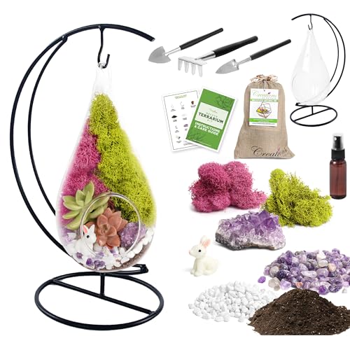 Creations by Nathalie DIY 7" DIY Teardrop Terrarium Kit - Build Your Own Glass Terrarium for Adults & Teens with Moss, Crystals, Tools & Decorative Figurine - Mini Ecosystem (Plant Not Included) - color: 7" Teardrop