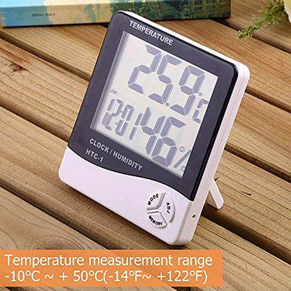 Temperature Humidity Meter,LCD Electronic Digital Outdoor/Indoor Thermometer Hygrometer with Clock Time Humidity Monitor for Home,Bedroom,Pet,Reptile,Plant,Greenhouse,Basement,Guitar (HTC-1)