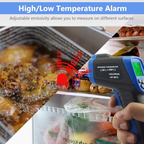 HOLDPEAK 981C Digital Laser Infrared Thermometer Non Contact, IR Heat Temperature Gun Instant-Read -58 to 1022℉ (-50 to 550℃) for Cooking, Grill, Pizza Oven, Griddle, Engine, HVAC, Not for Human