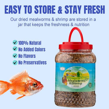 Amzey Shrimp & Mealworms 100% Non-GMO Dried Mealworms - High-Protein Meal Worm Treats - Perfect for Your Chickens, Ducks, Wild Birds, Turtles, Hamsters, Fish and Hedgehogs