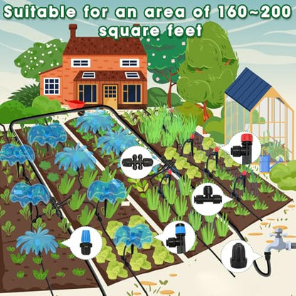 Drip Irrigation Kit, Flantor 190FT Greenhouse Drip Irrigation System Adjustable Garden Watering System with 1/2" & 1/4" Irrigation Tubing, Patio Misting Plant Watering System for Garden and Lawn - size: 190ft