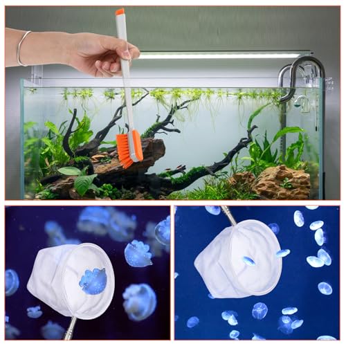 2 Pcs Small Fish Tank Cleaner Brush with Fishing Net, Algae Scraper | Fish Tank Brush Scrubber Sponge Tool, Long Handle, for Cleaning Glass Acrylic Aquariums, Home Kitchen