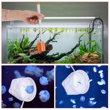 2 Pcs Small Fish Tank Cleaner Brush with Fishing Net, Algae Scraper | Fish Tank Brush Scrubber Sponge Tool, Long Handle, for Cleaning Glass Acrylic Aquariums, Home Kitchen