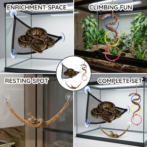 3PCS Snake Enrichment, Snake Enclosure Accessories, Reptile Habitat Accessories with Jute Rope and Black Mesh Hammock, Cage Climbing Structures for Environmental