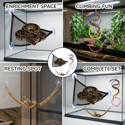 3PCS Snake Enrichment, Snake Enclosure Accessories, Reptile Habitat Accessories with Jute Rope and Black Mesh Hammock, Cage Climbing Structures for Environmental