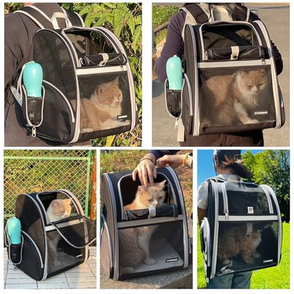 Cat Backpack Carrier for Small Dogs and Medium cat Puppy Kitten Bunny Pet Carrier Backpack Collapsible with Fully Ventilated Mesh with Safety Leash (Black, 12.9" L x 10.62" W x 15.5" H - M) - color: Black, size: Medium