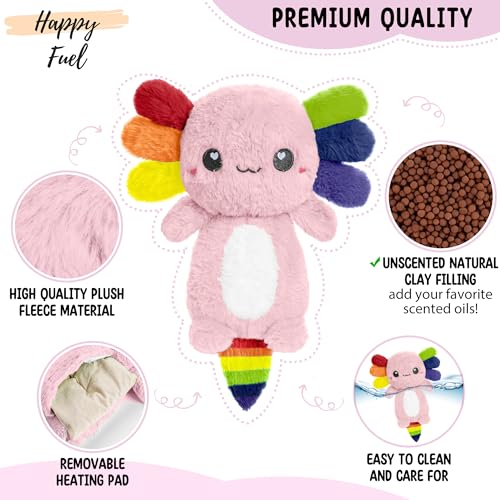 Rainbow Axolotl Microwavable 1.5 lbs Unscented Heating Pad for Women and Kids- Cute Soft Cozy Pillow Plush Heatable Warm Stuffed Animals - Kawaii Hot and Cold Plushie- Axolotl Gifts for Girls and Boys - style: Rainbow Axolotl