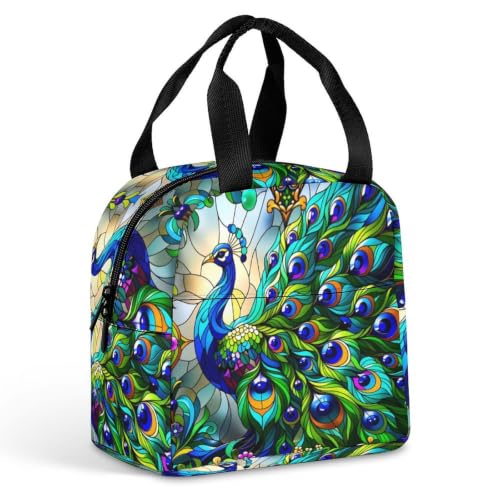 Stained Glass Green Peacocks Lunch Bag for Women Men | Insulated Lunch Box Leakproof Food Meal Containers Reusable Foldable 6L Capacity Lunch Tote Bags for Work Picnic Travel - color: style-14