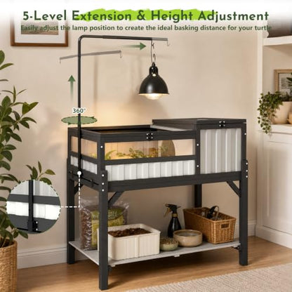 Large Tortoise Habitat with Storage Shelf, Wooden & Plastic Tortoise Enclosure with Adjustable Lamp Stand, Viewing Window, Pull-Out Tray, 2-Room Indoor Outdoor Reptile Turtle House - size: 39"L x 22.8"W x 33"H