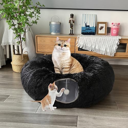 Cat Bed Tunnel Tube Toy Black Plush | Round, Collapsible Pet Tunnels for Indoor Cats, Interactive Toys Play Tubes with Hanging Ball for Kitten, Puppy, Rabbit - color: Black Plush