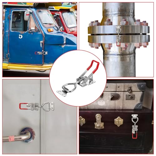 6 Pack 4001 Toggle Latch Clamp with Lock Hole, 304 Stainless Steel Adjustable Quick Release Pull Latch for Smoker, Toolbox, Cabinet – 330Lbs Holding Capacity, Silver & Red Handle, Includes Screws