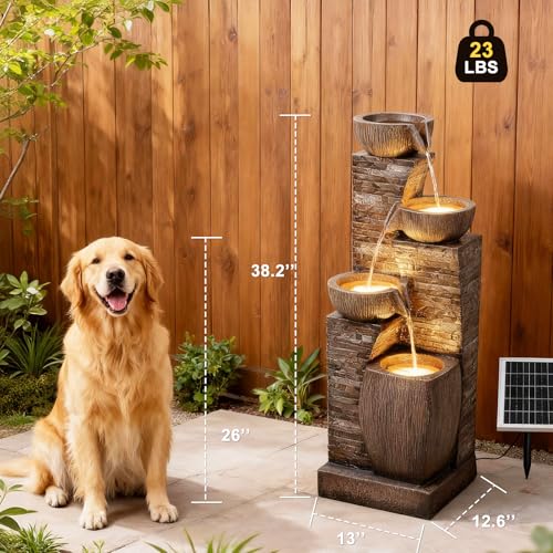 38.2" Tall Solar Water Fountain Outdoor Garden,Stone Texture Modern 4 Tiers Cascading Bowls Garden Fountains Outdoor,Suit for Patio, Deck, Porch, Lawns, Backyard and Home Art Decor - color: Brown 38.2" Solar Powered