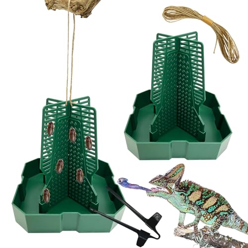 2PCS Reptile Hunting Bowl,4.4"×4.4"×4.7" H Insect Feeding Box with Rope and Tweezers Chameleon Feeder Bowls Hanging Bearded Dragon Bug Bowls Mounted Insect Reptile Feeder Box (Green,Small) - color: Green, size: Small:4.4"L×4.4"W×4.7"H
