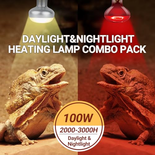 Reptile Heat Lamp Blub, 2Pack 100W Day & Night Reptile Heat Lamp, UVA Daylight Heat Basking Bulb Infrared Heats Light Bulb for Reptiles Bearded Dragon Lizard Turtles