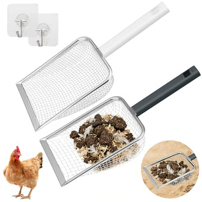 2 Pack Chicken Poop Scooper for Coop, Chicken Coop Shovel with 3.8mm (Fine) & 5mm (Medium) Mesh – Metal Rake & Scoop Tool with Hanger Hooks for Sifting Sand, Litter & Chicken Supplies