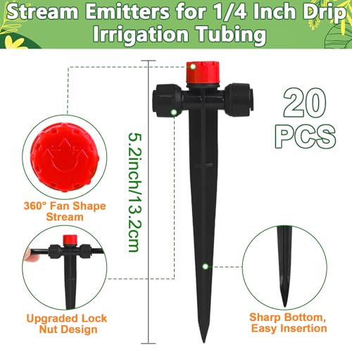 Push-to-Fit Drip Irrigation Emitters for 1/4" Drip Irrigation Tubing, 20 Pcs Adjustable 360 Degree Water Flow Drippers Sprayer on Stake 360° Full Circle Multi-Stream Irrigation In-line Dripper - size: Push-to-fit In-line Emitters - 20 Pieces