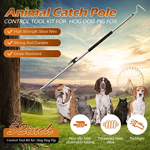 Dog Catcher Pole Animal Catch Pole Control Tool Trap Kit | for Dogs, Pig, Fox, Hog Calf Coyote Bulldog Wolf Goat and Other Wildlife Catching - 52inch with Flashlight