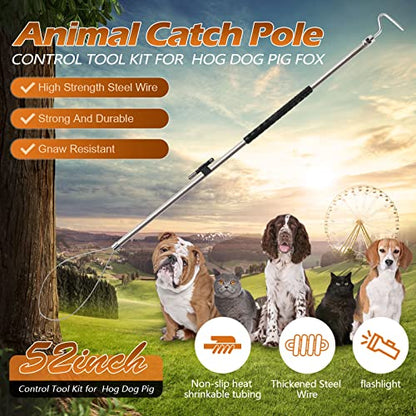 Dog Catcher Pole Animal Catch Pole Control Tool Trap Kit | for Dogs, Pig, Fox, Hog Calf Coyote Bulldog Wolf Goat and Other Wildlife Catching - 52inch with Flashlight