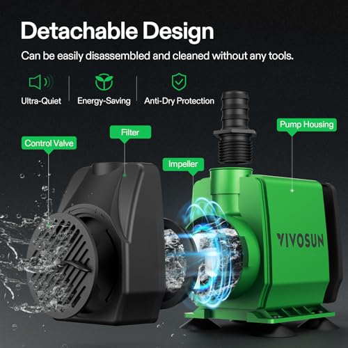 VIVOSUN 800GPH Submersible Fountain Water Pump for Pond, Aquarium, Statuary | 3000L/H, 50W, Ultra Quiet Water Pump with 10ft. High Lift and 6.5ft. Power Cord, 3 Nozzles for Hydroponics, Green - size: 7"×5"-800