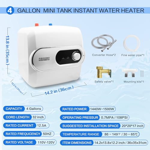 4 Gallon Tank Water Heater Under Sink Instant Hot Water 1500w 120V,Kitchen Under Counter RV Small Hot Water Heater with Release Valve 3-Way Diverter Vavle,1/2" NPT White - color: White, size: 4 Gallon