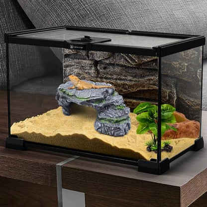 MoonOrange Turtle Basking Platform Kit, Reptile Habitat Hideout, Decorative Resin for Aquarium & Terrarium, Including Artificial Plant and Cleaning Brush. (A-Large-Black)