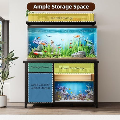 55-75 Gallon Fish Tank Stand with Storage, Aquarium Stand with Shelf, Oak | 49.2 x 19.7 In Top, Upper Shelf, LED Light, 2 Outlets, 2 USB Ports, Metal Frame Support, Turtle Tank Stand, 1100 LBS - color: Oak