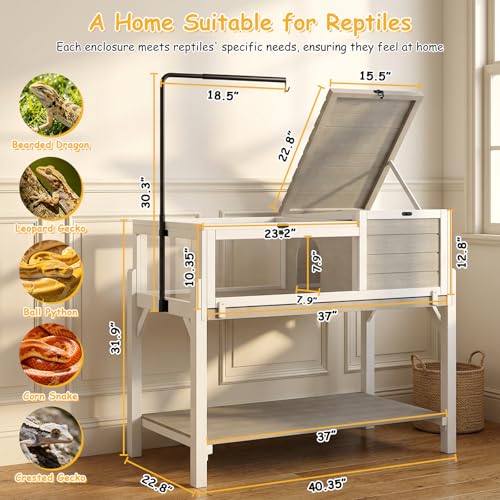 PetsCosset Tortoise Habitat with Storage Shelf & Adjustable Metal Light Stand, Large Wooden Tortoise Enclosure Indoor, Elevated Tortoise Table for Sulcata, Hermann's & Russian Tortoises - size: 40.4"L x 22.8"W x 31.9"H