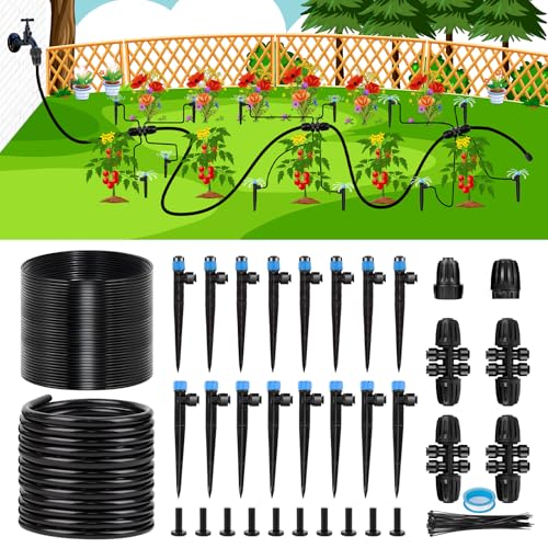 102FT Drip Irrigation System Kit, New Quick-Connect, Automatic Garden Watering Misting System for Greenhouse, Yard, Lawn, Plant with 1/2 inch Hose 1/4 inch Distribution Tubing and Accessories - size: 23FT 1/2''Main tube+79FT 1/4'' tube
