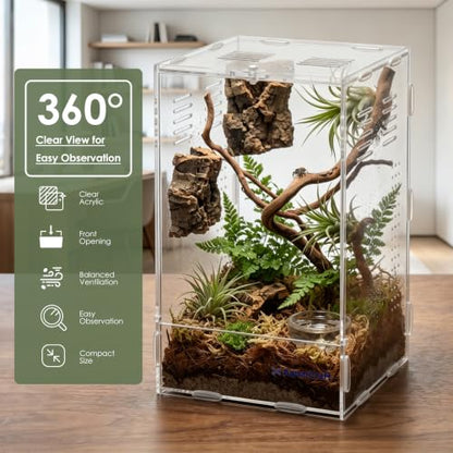 Acrylic Jumping Spider Enclosure, 5.91×5.91×9.84 in Clear Terrarium | Front opening ventilated habitat for jumping spiders, small spiders and slow-moving invertebrates; clear acrylic display. - size: 6.0"L x 6.0"W x 9.0"H