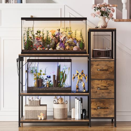 20 Gallon Aquarium Stand with Drawers & Power Outlet, Brown | Fits 20 Gallon Tanks; Reptile Tank Stand; 3-Tier Storage Shelves; Adjustable Height; Heavy-Duty Metal Frame - color: Brown