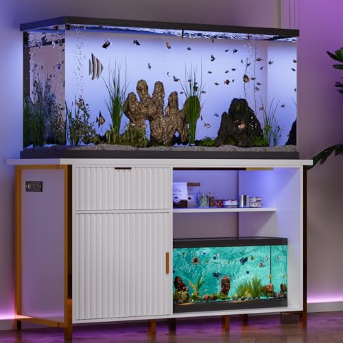 55-75 Gallon Fish Tank Stand, Aquarium Stand with LED Light, White & Gold | 49 x 20 In Top, Modern Fluted Design, 2 Outlets, 2 USB Ports, Shelf Storage, Metal Frame Support, 1100 LBS, Turtle Tank Stand - color: White and Gold