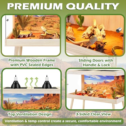 ROYXEN Bearded Dragon Tank with Leg Stand,34 Gallon Tempered Glass Reptile Tank with Metal Mesh Top, 3-Side Clear Anti-Scratch Glass Lizard Tank,Snake Tank for Reptile Habitat (Oak,32" Length) - color: Oak, size: 34Gal,32x16x16inch