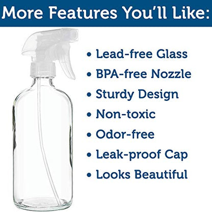 Sally's Organics® Empty Clear Glass Spray Bottles - Refillable 16 oz Containers for Essential Oils, Cleaning Products, Aromatherapy, Misting Plants, or Cooking - Sprayer with Mist and Stream - 2 Pack