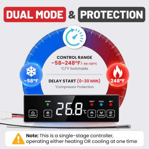 30A 120V Touchscreen Heating & Cooling Thermostat Controller | Temperature Control Switch for Garage Automation, Electric Brewery, Workshop, BBQ, ℃/℉ Switchable, 6.6 Ft Sensor Probe