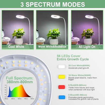Full Spectrum Clip On LED Grow Lights for Indoor Plants | 4/8/12H Auto Timer, 3 Spectrum Modes, 10 Dimmable Levels, Adjustable Gooseneck, Remote Control, For Small Plants
