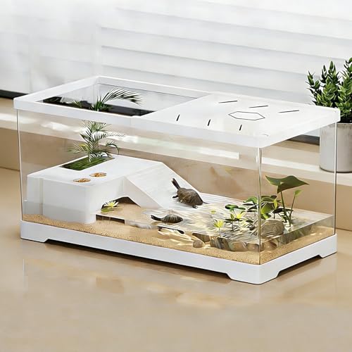 Turtle Fish Tank with Basking Platform and Bottom Drainage, 11.8" x 7" x 7.3" Aquatic Turtle Tank for Juvenile Turtle, Crayfish, Crabs, Amphibians, Reptiles, PC Material, White Color - size: 11.8" x 7" x 7.3"
