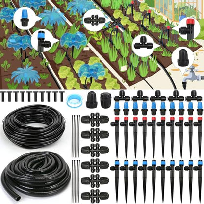 Drip Irrigation Kit, Flantor 190FT Greenhouse Drip Irrigation System Adjustable Garden Watering System with 1/2" & 1/4" Irrigation Tubing, Patio Misting Plant Watering System for Garden and Lawn - size: 190ft