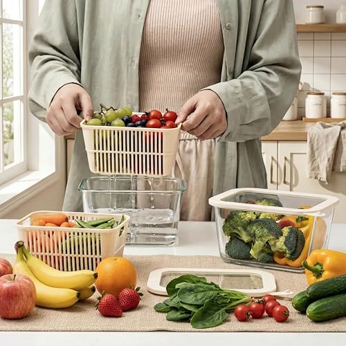 Glass Food Storage Containers with Glass Lids, Microwave Safe Food Container Set, Aitight Meal Prep Container Set, BPA Free, 2 extra Colanders, LeakProof, 2 Pack of 60oz - color: Ivory White- 2RT