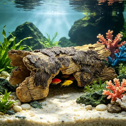 Resin Reptile Cave Statue - Extra Large Hollow Log for Bearded Dragon, Leopard Gecko, Crested Gecko Tank Accessories | Driftwood for Aquarium & Bearded Dragon Accessories (Khaki) - style: Khaki