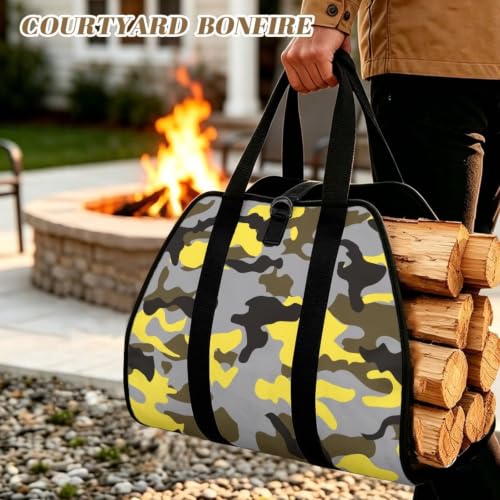 Street Camo Print Firewood Tote Log Carrying Bag | Wide Opening, Large Capacity, Water Resistant Material, Winter Gear for Fire Pits and Camping Journeys - color: Gray Yellow Modern Street Camo Print