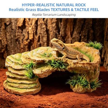 Turtle Docks for Basking Reptile Rock Cave Hideout | 2 In 1 Basking Platform And Hide Cave With Fake Grass On 4 Sides Wide Textured Ramp Durable Resin Light Brown Yellow - color: Light Brown Yellow