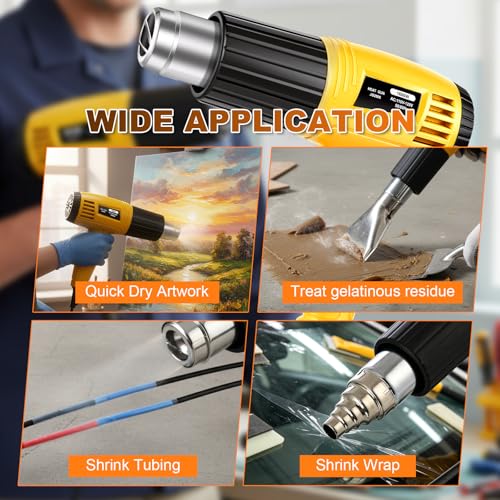 Heat Gun 1600W, Handed Hot Air Gun with 4 Nozzles for Crafting | Fast Heating 122℉-1202℉, 4.26FT Ultra-Long Cable Heat Gun for Crafts, Shrinking Wrapping PVC, Stripping Paint (Yellow)