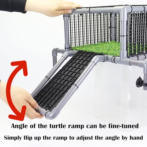 Elevated Turtle Basking Platform Above Tank, Turtle Topper Dock with Non-Slip Ramp and Grass, Extra Large Loft for 18-20” Wide 75/90/125 Gal (Grey/Black) - size: Extra Large (fits 18‑20 inch wide turtle tanks)