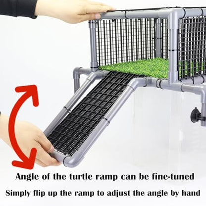 Elevated Turtle Basking Platform Above Tank, Turtle Topper Dock with Non-Slip Ramp and Grass, Extra Large Loft for 18-20” Wide 75/90/125 Gal (Grey/Black) - size: Extra Large (fits 18‑20 inch wide turtle tanks)