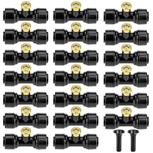 Brass Mister Nozzles 20 Pack with Misting Nozzle Tees & End Plugs | 20 Pack Misting Nozzle Tees, 2 Pack End Plugs, Outdoor Cooling System, Patio Misting System - size: 20 Brass Nozzles+20 Nozzle Tees+2 End Plugs