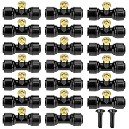 Brass Mister Nozzles 20 Pack with Misting Nozzle Tees & End Plugs | 20 Pack Misting Nozzle Tees, 2 Pack End Plugs, Outdoor Cooling System, Patio Misting System - size: 20 Brass Nozzles+20 Nozzle Tees+2 End Plugs